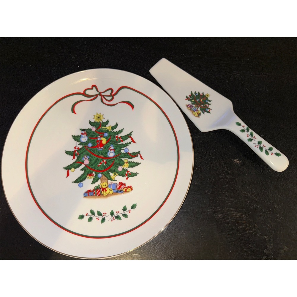 Vintage Christmas Tree Pie Cake Dessert Plate Utensil‎ Server Porcelain Japan